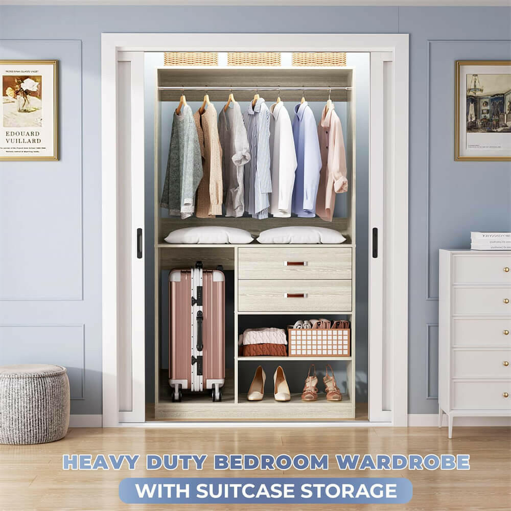 Unikito Freestanding Closet System with Suitcase Storage, 40 Inches Stand-Alone Wardrobe with 2 Wood Drawers, 80'' Height Adjustable Cloth Garment Rack, Walk-in Closet with Hanging Rod