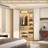 Unikito Freestanding Closet System, 40 Inches Stand-Alone Wardrobe with 10 Shelves, 80'' Height Adjustable Cloth Garment Rack with 2 Wood Drawers, Wood Walk-in Closet with Hanging Rod, White