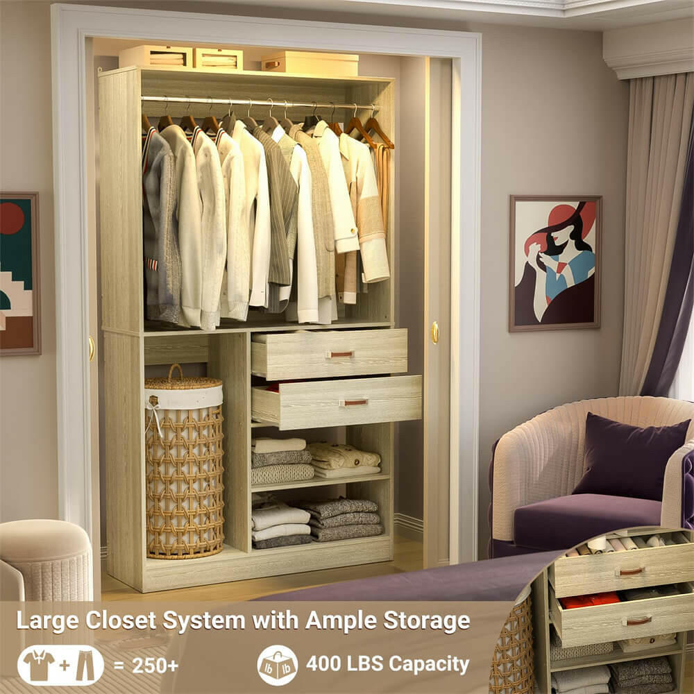 Unikito Freestanding Closet System with Suitcase Storage, 40 Inches Stand-Alone Wardrobe with 2 Wood Drawers, 80'' Height Adjustable Cloth Garment Rack, Walk-in Closet with Hanging Rod