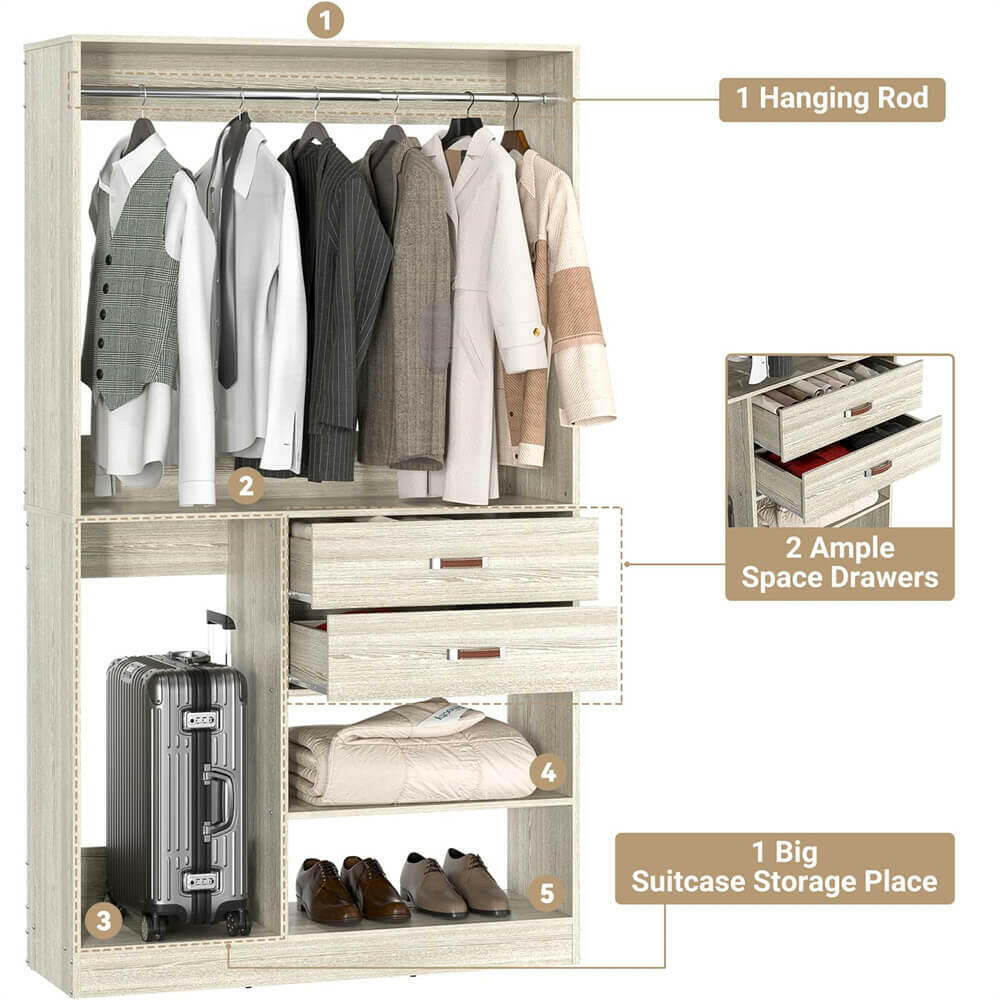 Unikito Freestanding Closet System with Suitcase Storage, 40 Inches Stand-Alone Wardrobe with 2 Wood Drawers, 80'' Height Adjustable Cloth Garment Rack, Walk-in Closet with Hanging Rod
