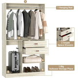 Unikito Freestanding Closet System with Suitcase Storage, 40 Inches Stand-Alone Wardrobe with 2 Wood Drawers, 80'' Height Adjustable Cloth Garment Rack, Walk-in Closet with Hanging Rod