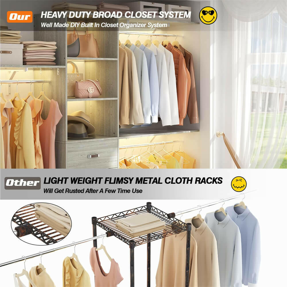 Unikito 96 Inches Closet System, 8FT Walk In Closet Organizer with 3 Shelving Towers, Heavy Duty Clothes Rack with 3 Drawers, Built-In Garment Rack, 96"L x 16"W x 75"H, Load 1000 LBS