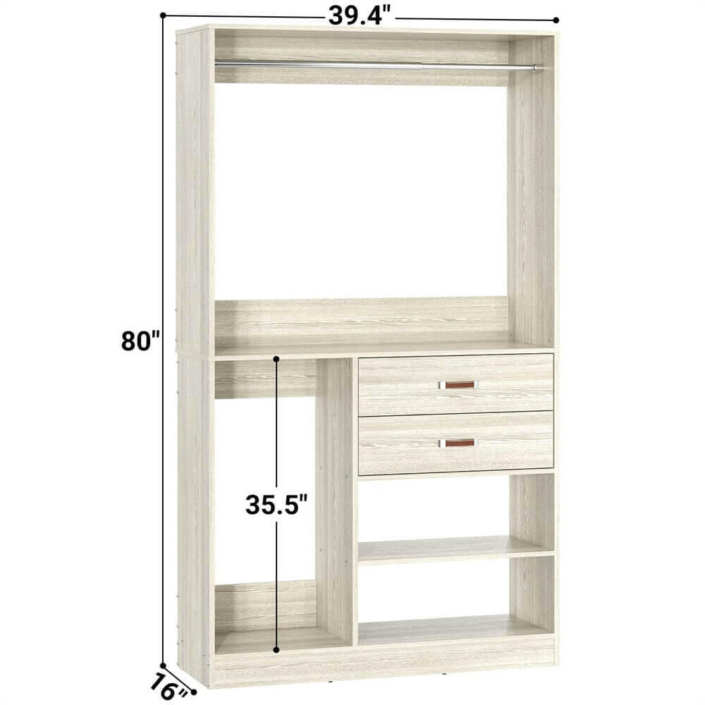Unikito Freestanding Closet System with Suitcase Storage, 40 Inches Stand-Alone Wardrobe with 2 Wood Drawers, 80'' Height Adjustable Cloth Garment Rack, Walk-in Closet with Hanging Rod