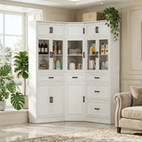 80" Tall Corner Pantry Cabinet with Adjustable Shelves, Tempered Glass Doors, Large Display Bookcase for Living Room, Dining Room, Home Office, Off White