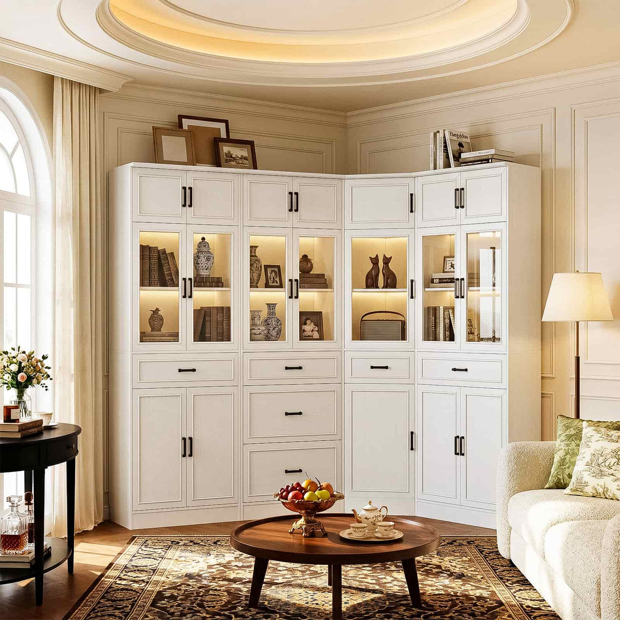 80" Tall Corner Cabinet with Glass Doors and Adjustable Shelves | Large Mordern Farmhouse Corner Pantry Cabinet