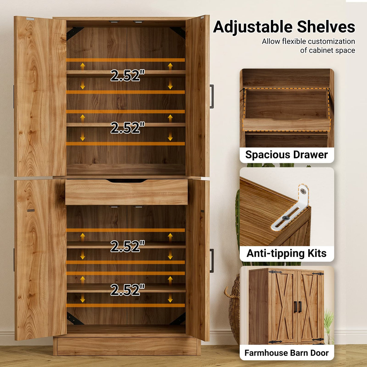 71" Pantry Cabinet with Drawer, Farmhouse Barn Doors and Adjustable Shelves, Freestanding Storage Cabinet for Kitchen, Dining Room,  Utility Room