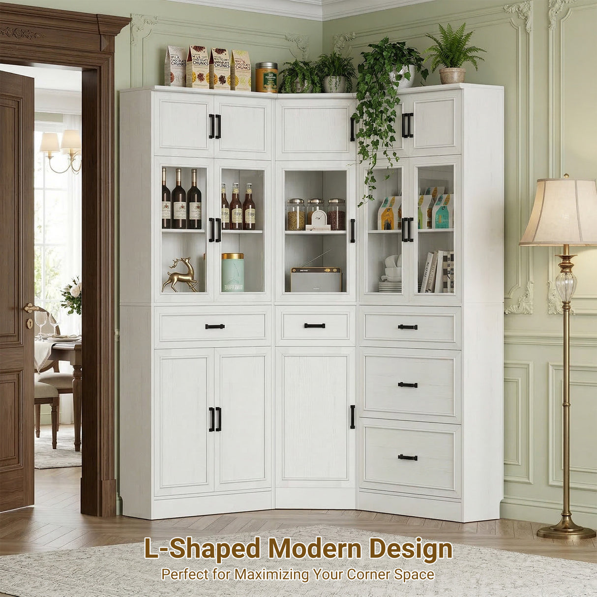 80" Tall Corner Pantry Cabinet with Adjustable Shelves, Tempered Glass Doors, Large Display Bookcase for Living Room, Dining Room, Home Office, Off White