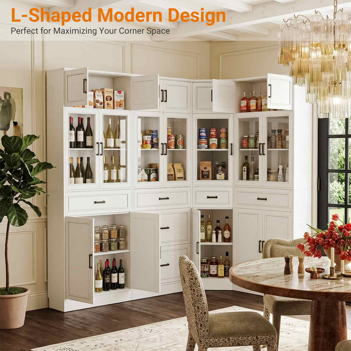 80" Tall Corner Cabinet with Glass Doors and Adjustable Shelves | Large Mordern Farmhouse Corner Pantry Cabinet