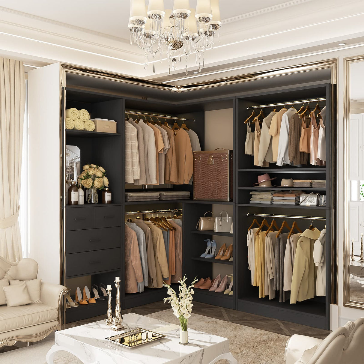 97" Large Modular Closet System, 2500LBS Heavy Duty Wood Wardrobe with 4 Hanging Rods