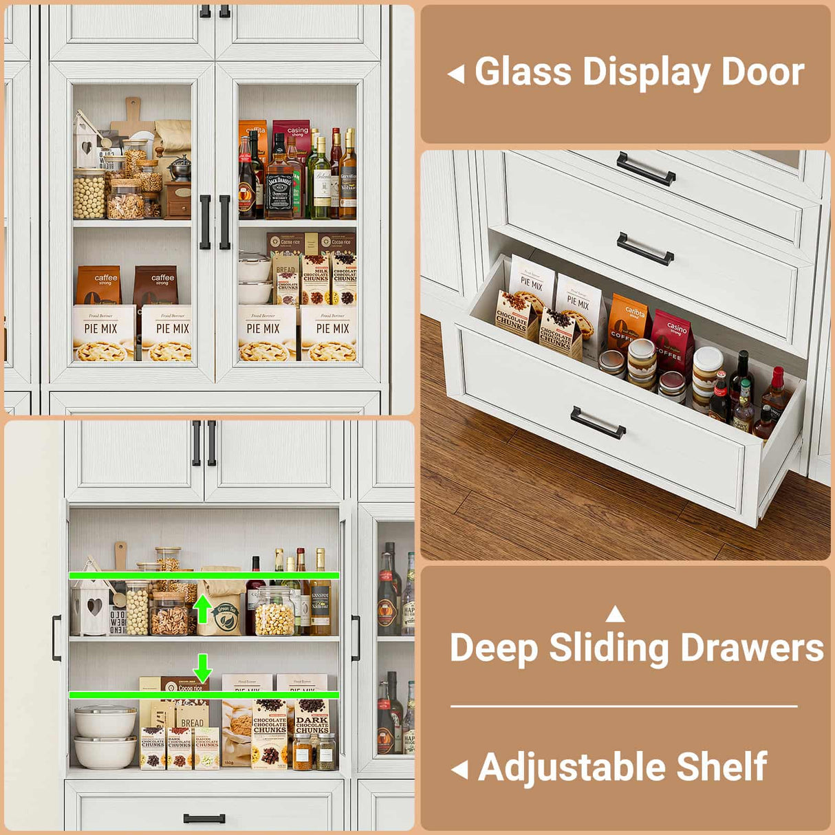 80" Tall Corner Cabinet with Glass Doors and Adjustable Shelves | Large Mordern Farmhouse Corner Pantry Cabinet