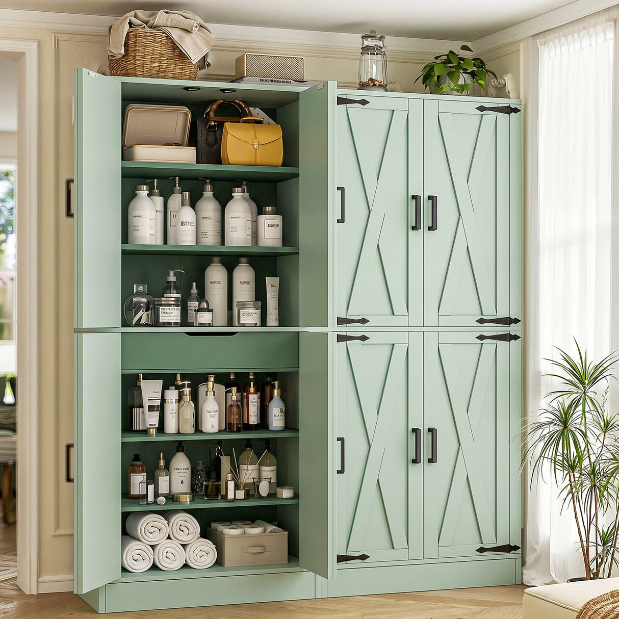 71" Pantry Cabinet with Drawer, Farmhouse Barn Doors and Adjustable Shelves, Freestanding Storage Cabinet for Kitchen, Dining Room,  Utility Room