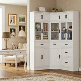 80" Tall Corner Pantry Cabinet with Adjustable Shelves, Tempered Glass Doors, Large Display Bookcase for Living Room, Dining Room, Home Office, Off White