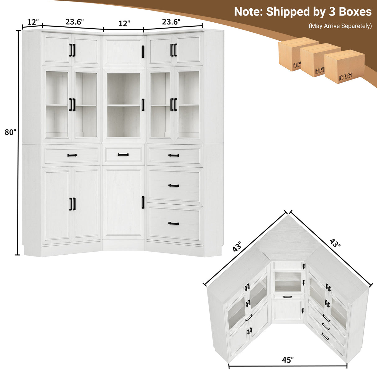 80" Tall Corner Pantry Cabinet with Adjustable Shelves, Tempered Glass Doors, Large Display Bookcase for Living Room, Dining Room, Home Office, Off White