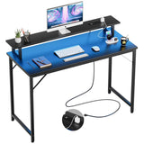 Unikito 47 inch Computer Desk with Power Outlets, Gaming Desk with LED Lights, Home Office Work Desk with Monitor Shelf, Modern Office Desk Study Writing Table for Small Spaces