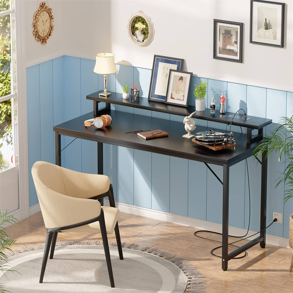 Unikito 47 inch Computer Desk with Power Outlets, Gaming Desk with LED Lights, Home Office Work Desk with Monitor Shelf, Modern Office Desk Study Writing Table for Small Spaces