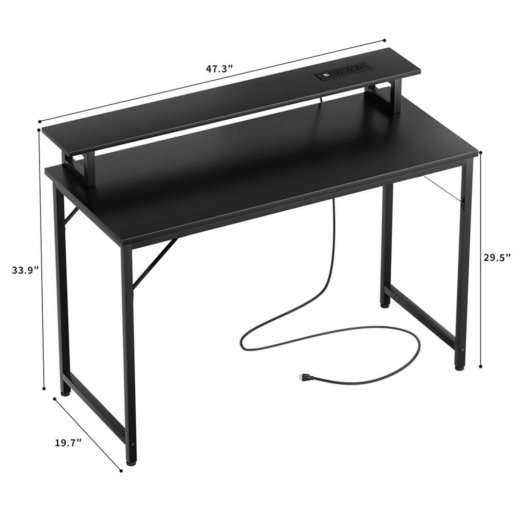 Unikito 47 inch Computer Desk with Power Outlets, Gaming Desk with LED Lights, Home Office Work Desk with Monitor Shelf, Modern Office Desk Study Writing Table for Small Spaces