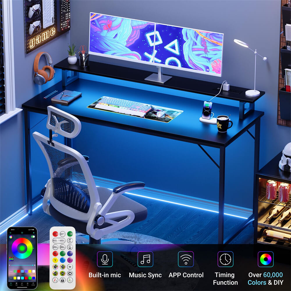 Unikito 47 inch Computer Desk with Power Outlets, Gaming Desk with LED Lights, Home Office Work Desk with Monitor Shelf, Modern Office Desk Study Writing Table for Small Spaces