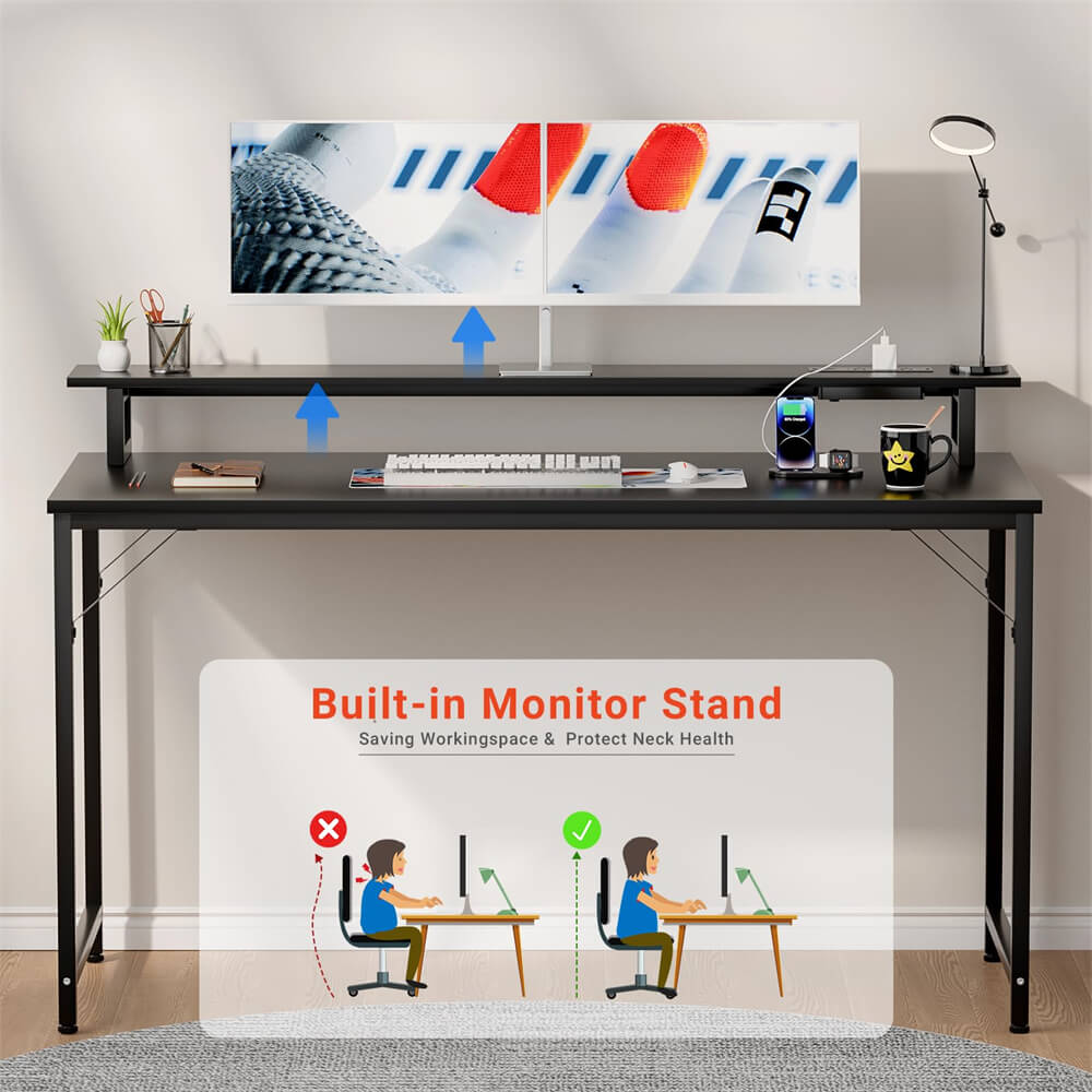Unikito 47 inch Computer Desk with Power Outlets, Gaming Desk with LED Lights, Home Office Work Desk with Monitor Shelf, Modern Office Desk Study Writing Table for Small Spaces