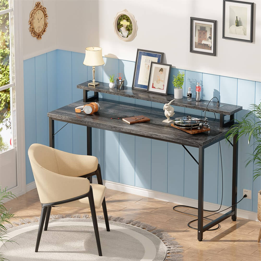 Unikito 47 inch Computer Desk with Power Outlets, Gaming Desk with LED Lights, Home Office Work Desk with Monitor Shelf, Modern Office Desk Study Writing Table for Small Spaces