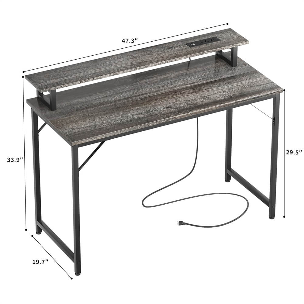 Unikito 47 inch Computer Desk with Power Outlets, Gaming Desk with LED Lights, Home Office Work Desk with Monitor Shelf, Modern Office Desk Study Writing Table for Small Spaces