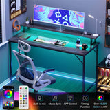 Unikito 47 inch Computer Desk with Power Outlets, Gaming Desk with LED Lights, Home Office Work Desk with Monitor Shelf, Modern Office Desk Study Writing Table for Small Spaces