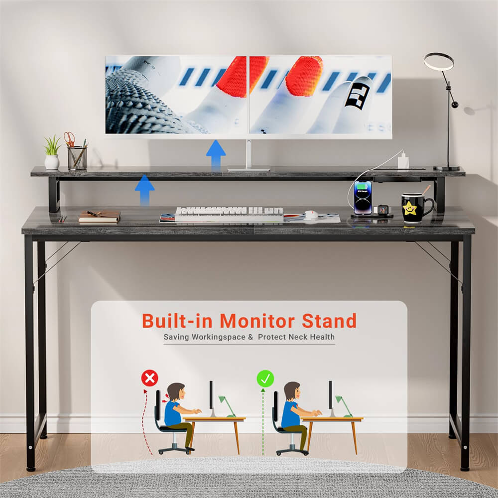 Unikito 47 inch Computer Desk with Power Outlets, Gaming Desk with LED Lights, Home Office Work Desk with Monitor Shelf, Modern Office Desk Study Writing Table for Small Spaces
