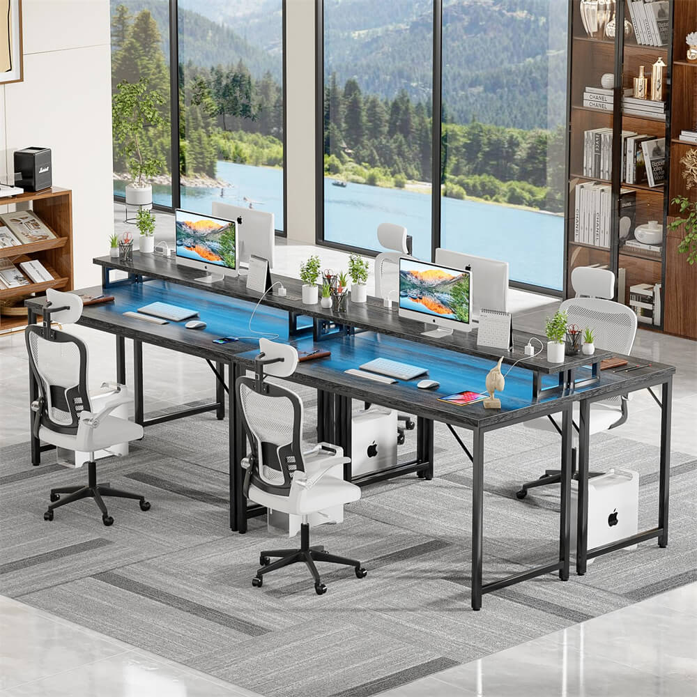 Unikito 47 inch Computer Desk with Power Outlets, Gaming Desk with LED Lights, Home Office Work Desk with Monitor Shelf, Modern Office Desk Study Writing Table for Small Spaces