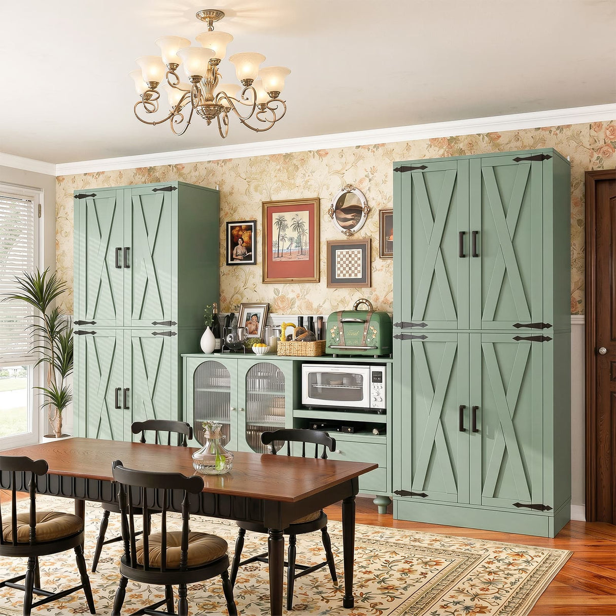 71" Pantry Cabinet with Drawer, Farmhouse Barn Doors and Adjustable Shelves, Freestanding Storage Cabinet for Kitchen, Dining Room,  Utility Room
