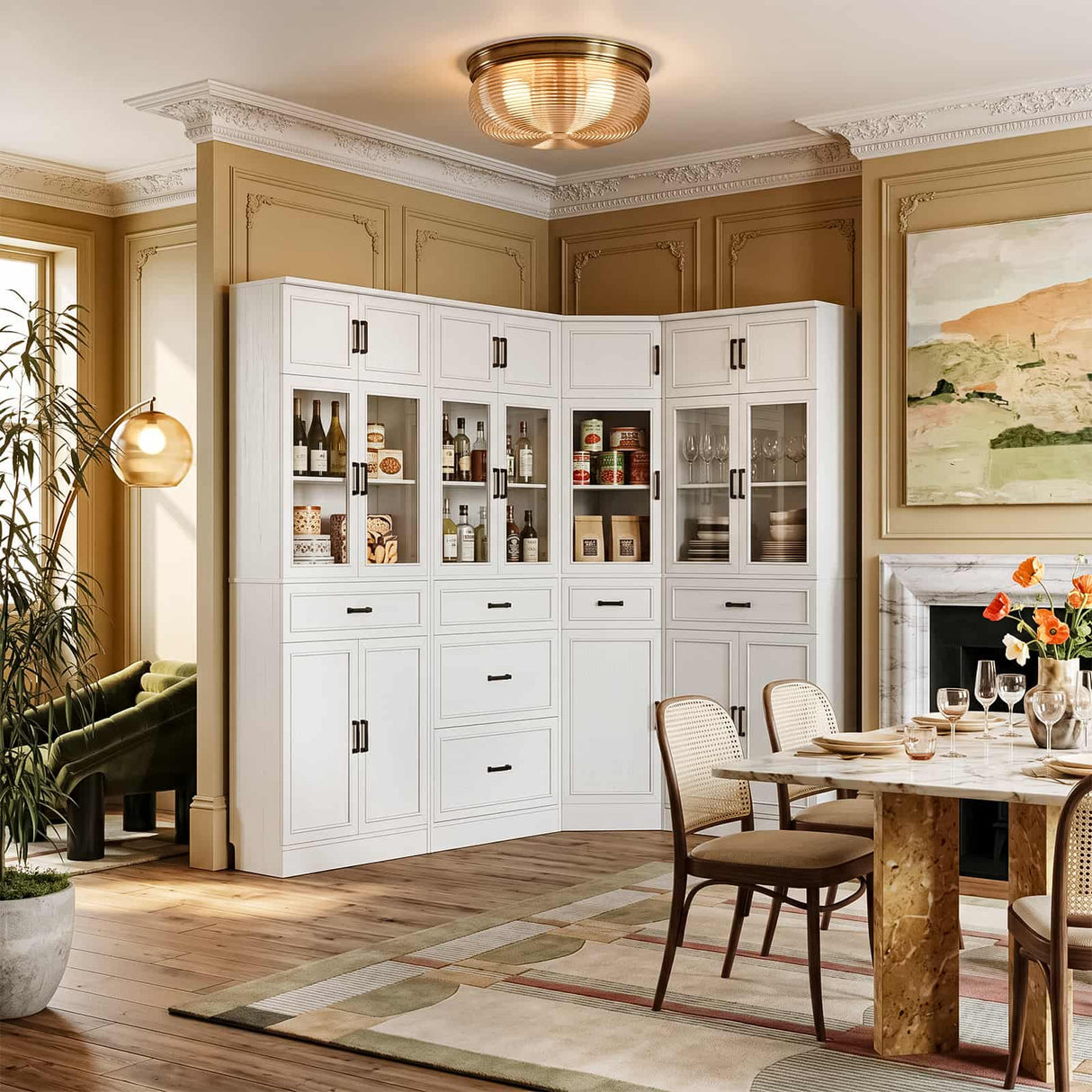 80" Tall Corner Cabinet with Glass Doors and Adjustable Shelves | Large Mordern Farmhouse Corner Pantry Cabinet