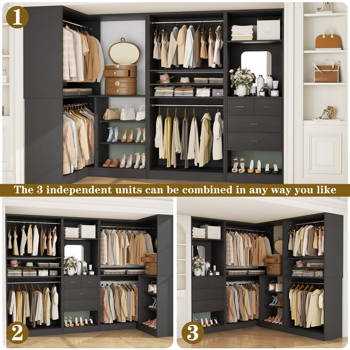 97" Large Modular Closet System, 2500LBS Heavy Duty Wood Wardrobe with 4 Hanging Rods