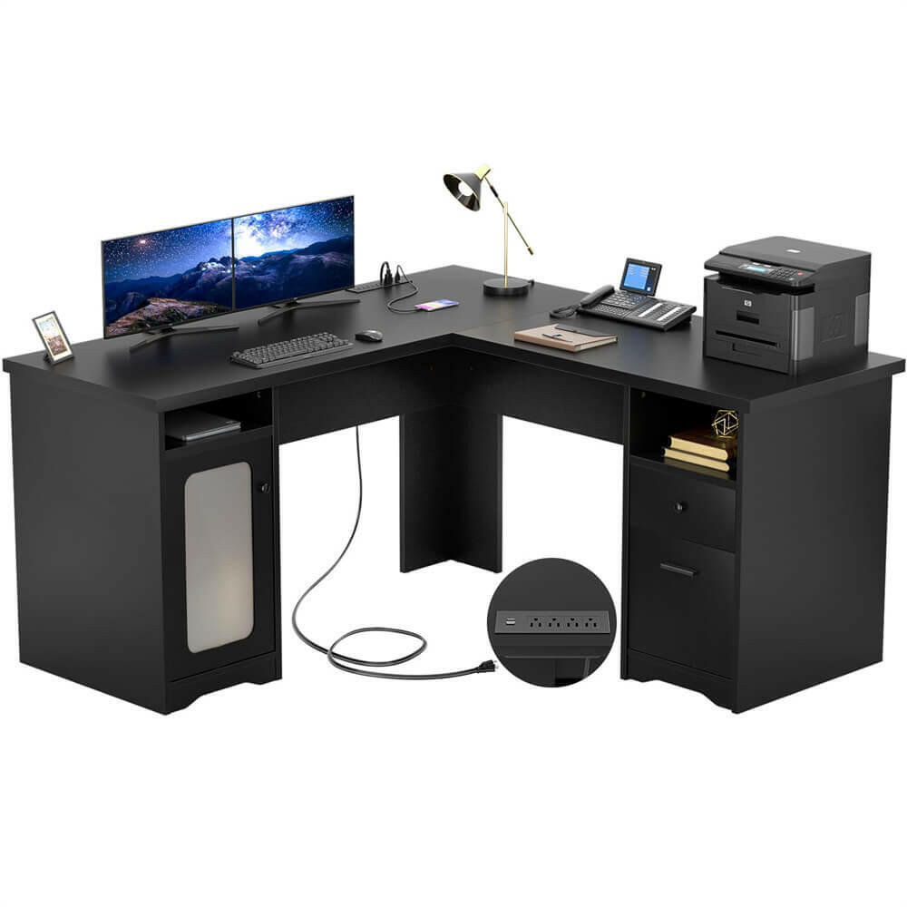 Unikito L Shaped Office Desk with Drawers 60 by 60 L Shaped Desk with Power Outlets Black
