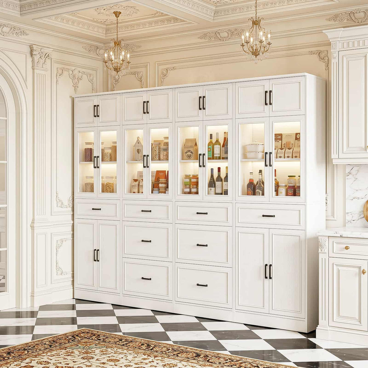 80" Tall Modular Kitchen Pantry Cabinet with Glass Door and Drawers | Large Morden Farmhouse Storage Cabinet