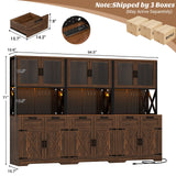 94.5" Wide Kitchen Pantry Cabinet with 3 Power Outlets & LED Light, 71" Tall Large Kitchen Hutch with Countertop, DIY Pegboard with 18 Hooks & 6 Drawers, Farmhouse Food Pantry