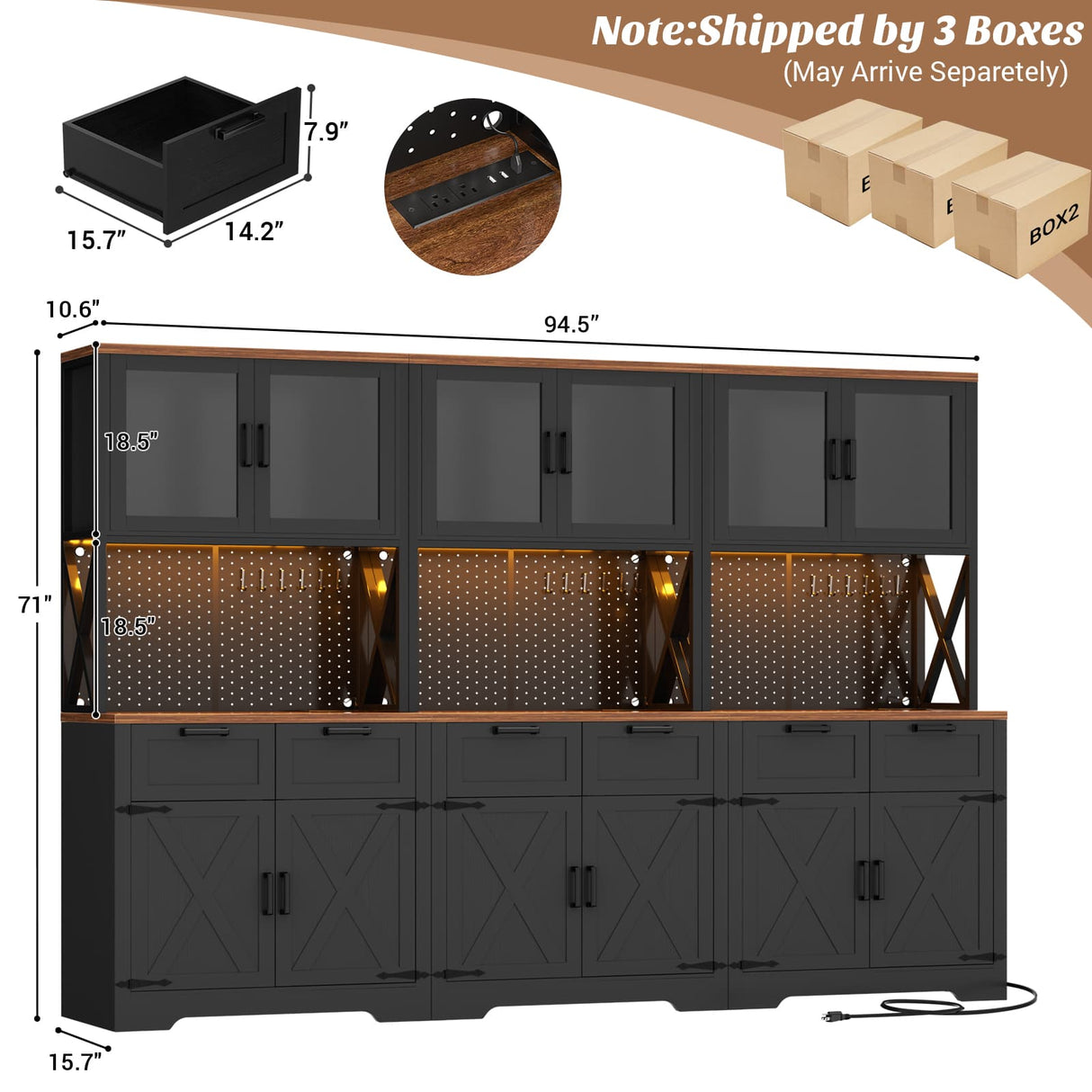 94.5" Wide Kitchen Pantry Cabinet with 3 Power Outlets & LED Light, 71" Tall Large Kitchen Hutch with Countertop, DIY Pegboard with 18 Hooks & 6 Drawers, Farmhouse Food Pantry