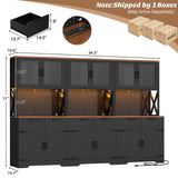 94.5" Wide Kitchen Pantry Cabinet with 3 Power Outlets & LED Light, 71" Tall Large Kitchen Hutch with Countertop, DIY Pegboard with 18 Hooks & 6 Drawers, Farmhouse Food Pantry