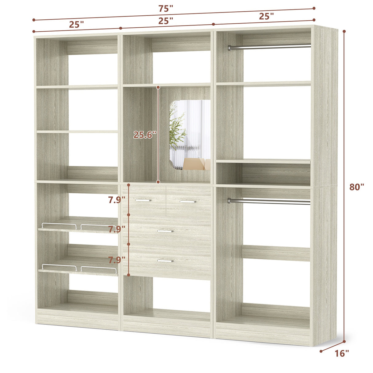 75" Closet Organizer System with Mirror, Wood Closets Organizer with Hanging Rods and Drawers
