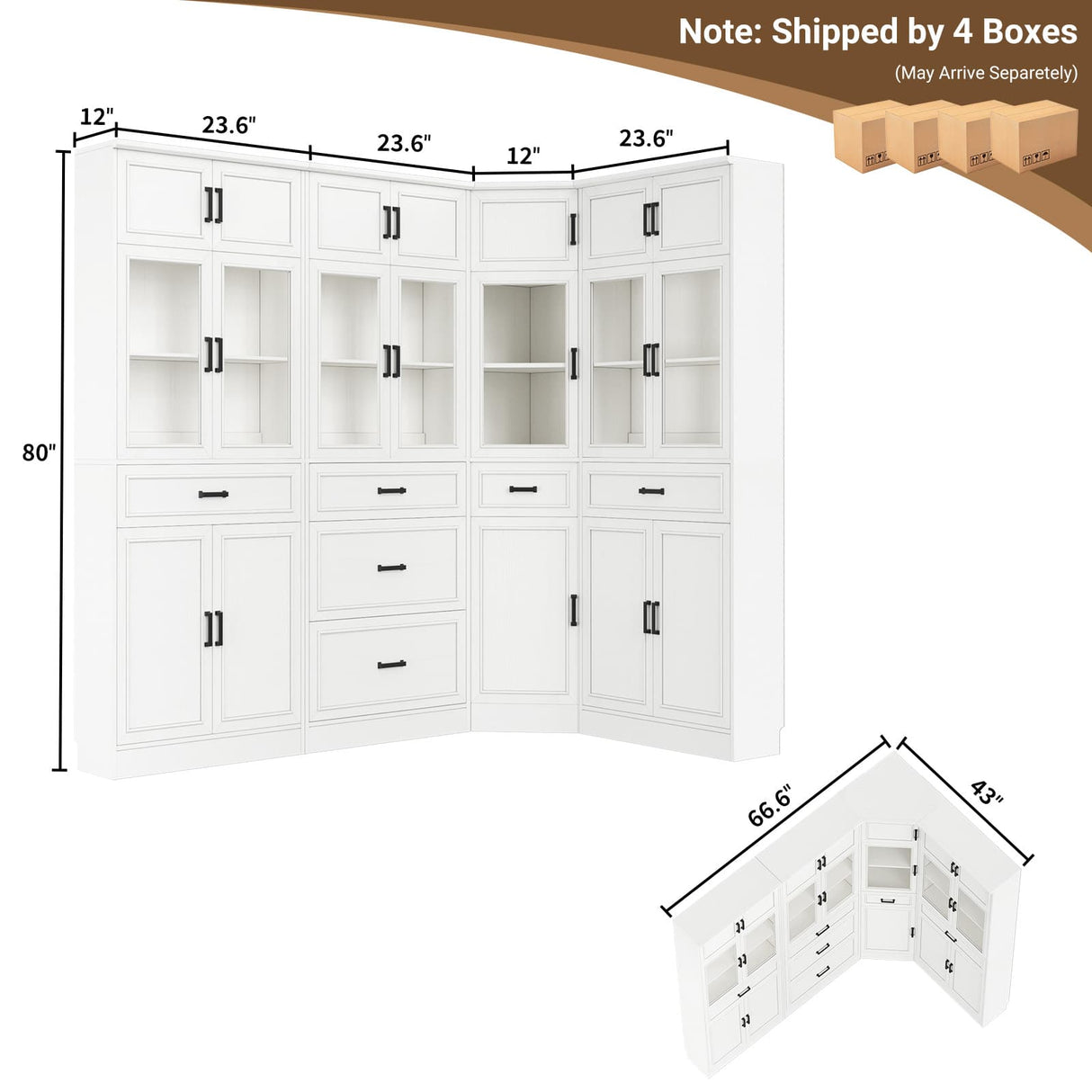 80" Tall Corner Cabinet with Glass Doors and Adjustable Shelves | Large Mordern Farmhouse Corner Pantry Cabinet