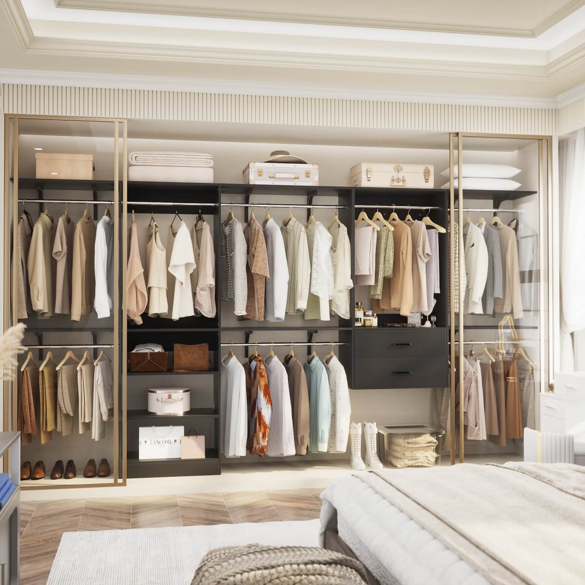 Walk in Closet System with 2 Sets, with 2 Drawers & 8 Hanging Rods, Reversible Design, 154''L x 15.7''W x 75''H