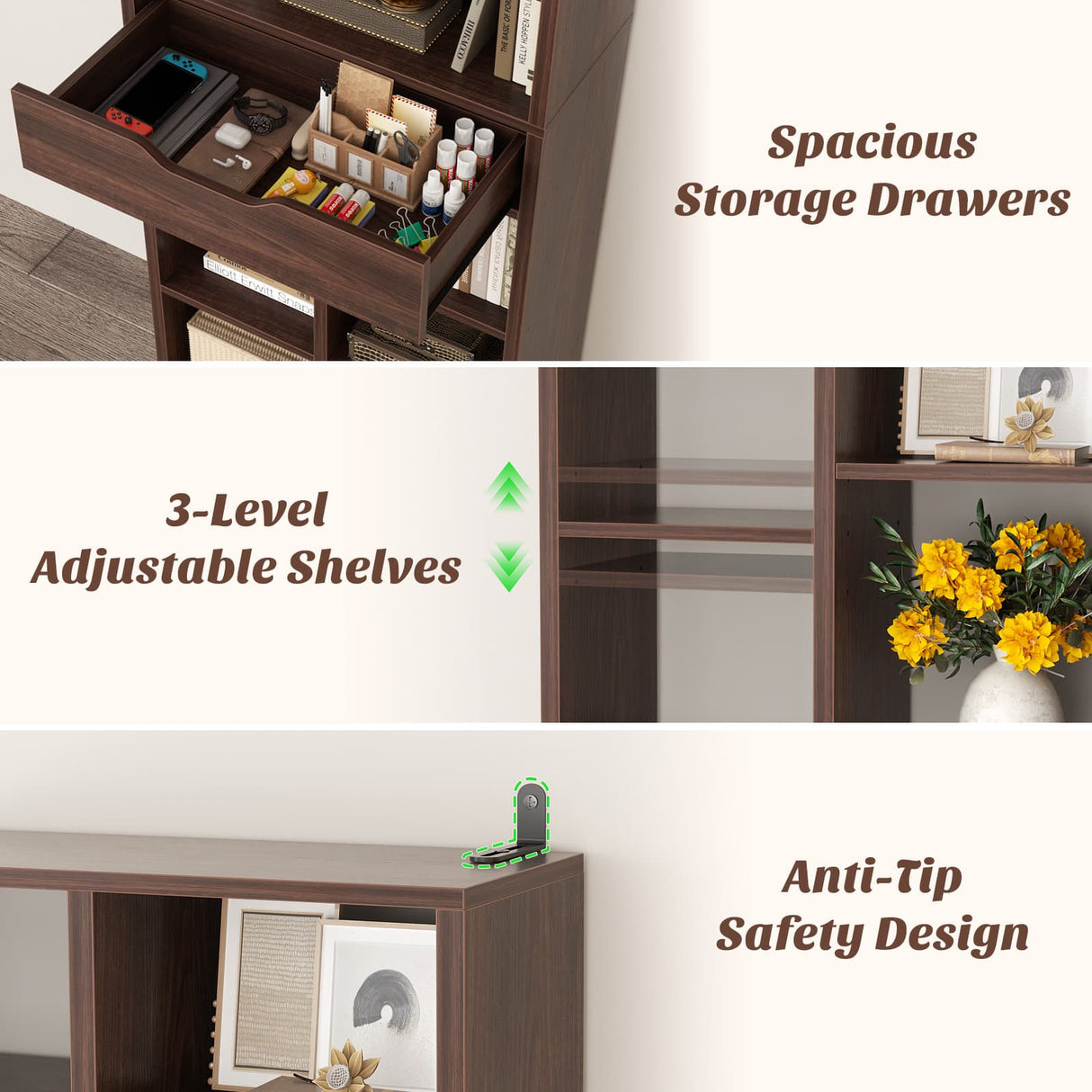 Tall Narrow Bookcase with Drawer, 6-Tier Storage Shelf with Cubes, Slim Bookshelf for Small Spaces, Living Room & Home Office