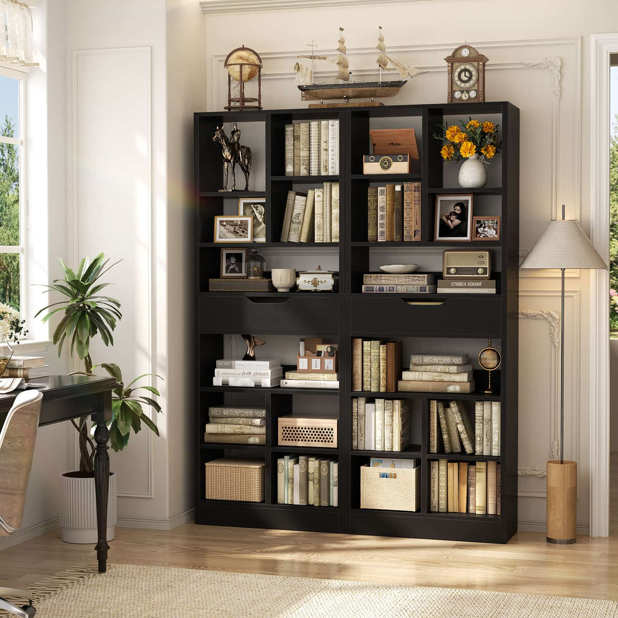 Tall Narrow Bookcase with Drawer, 6-Tier Storage Shelf with Cubes, Slim Bookshelf for Small Spaces, Living Room & Home Office