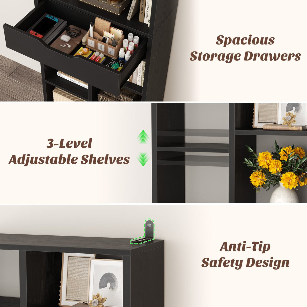 Tall Narrow Bookcase with Drawer, 6-Tier Storage Shelf with Cubes, Slim Bookshelf for Small Spaces, Living Room & Home Office