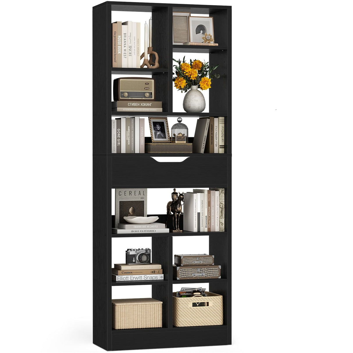 Tall Narrow Bookcase with Drawer, 6-Tier Storage Shelf with Cubes, Slim Bookshelf for Small Spaces, Living Room & Home Office