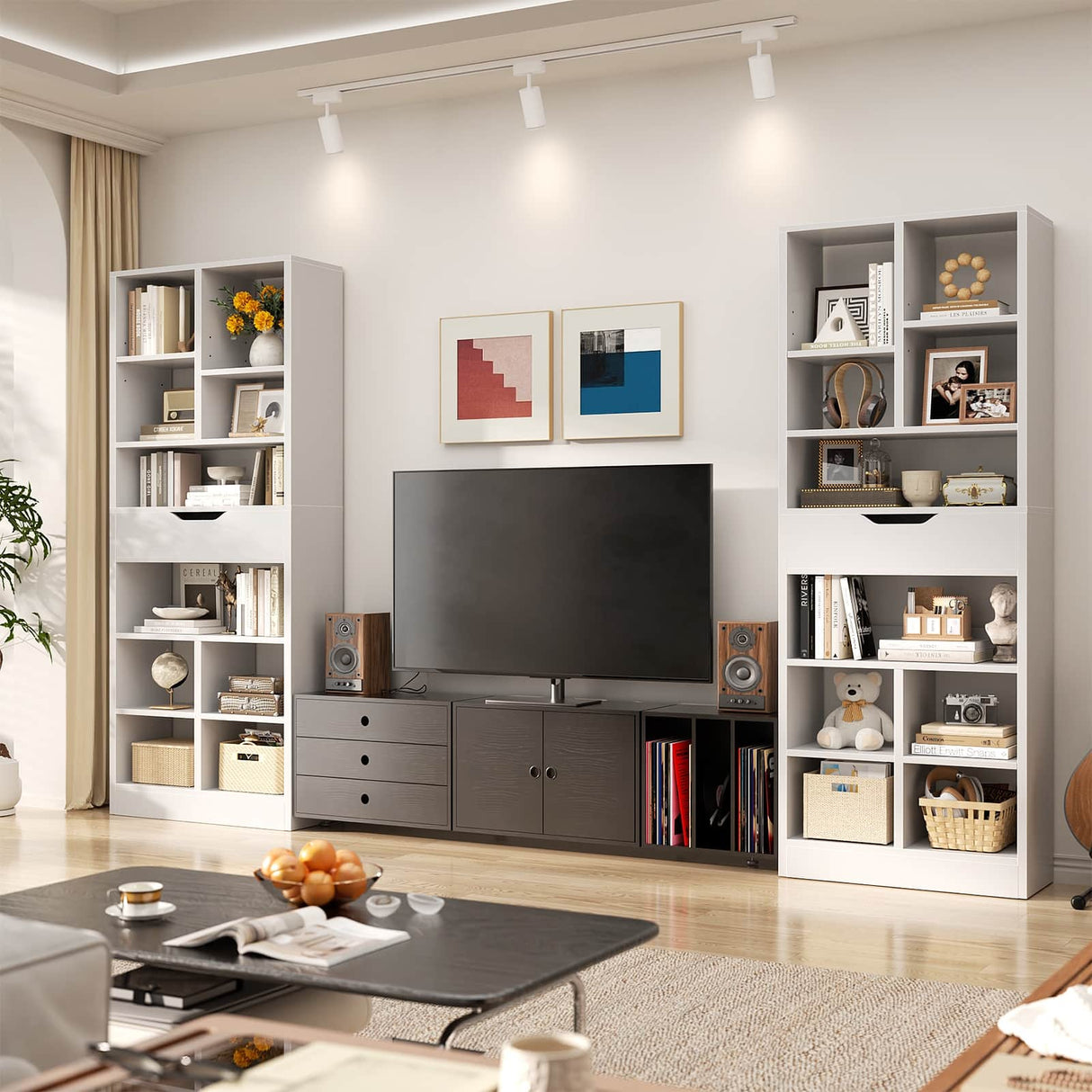 Tall Narrow Bookcase with Drawer, 6-Tier Storage Shelf with Cubes, Slim Bookshelf for Small Spaces, Living Room & Home Office