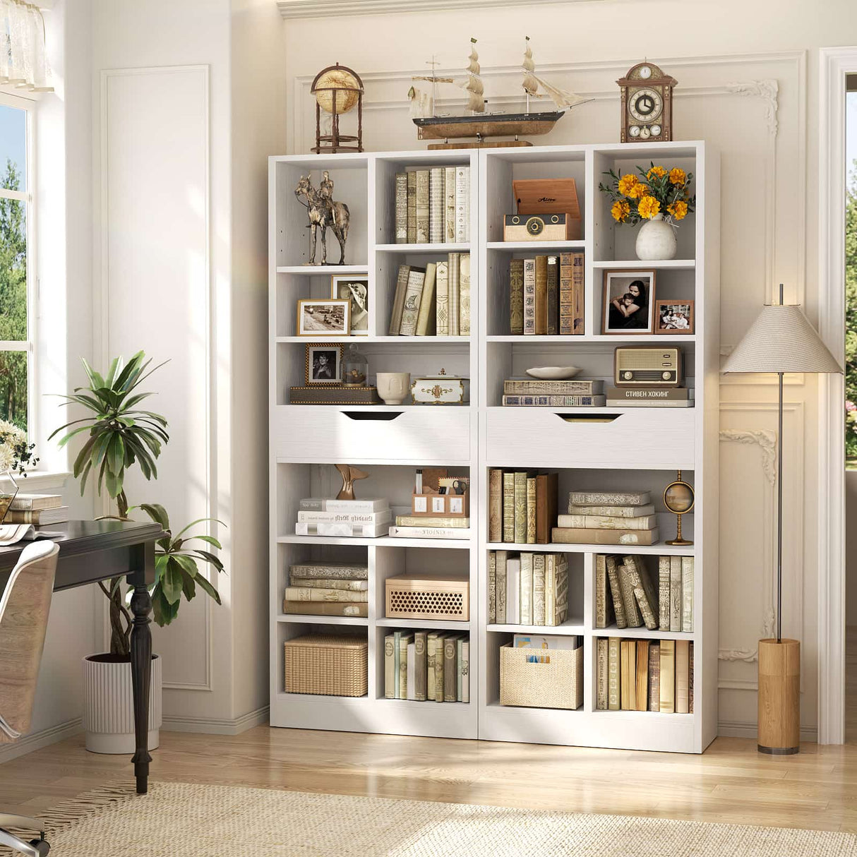 Tall Narrow Bookcase with Drawer, 6-Tier Storage Shelf with Cubes, Slim Bookshelf for Small Spaces, Living Room & Home Office