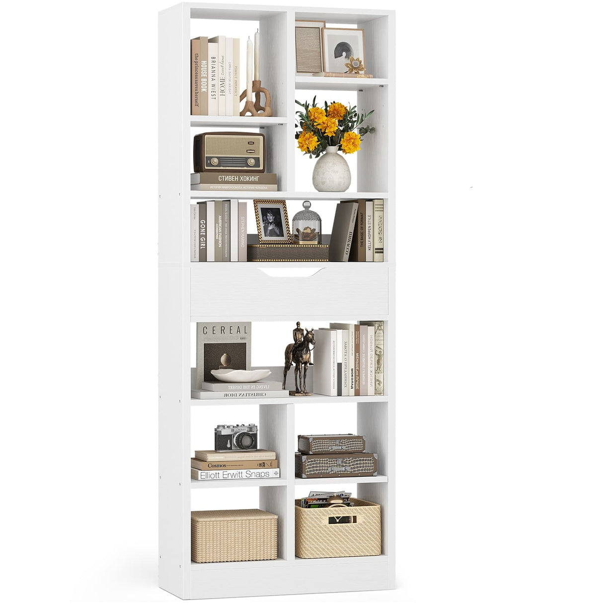Tall Narrow Bookcase with Drawer, 6-Tier Storage Shelf with Cubes, Slim Bookshelf for Small Spaces, Living Room & Home Office
