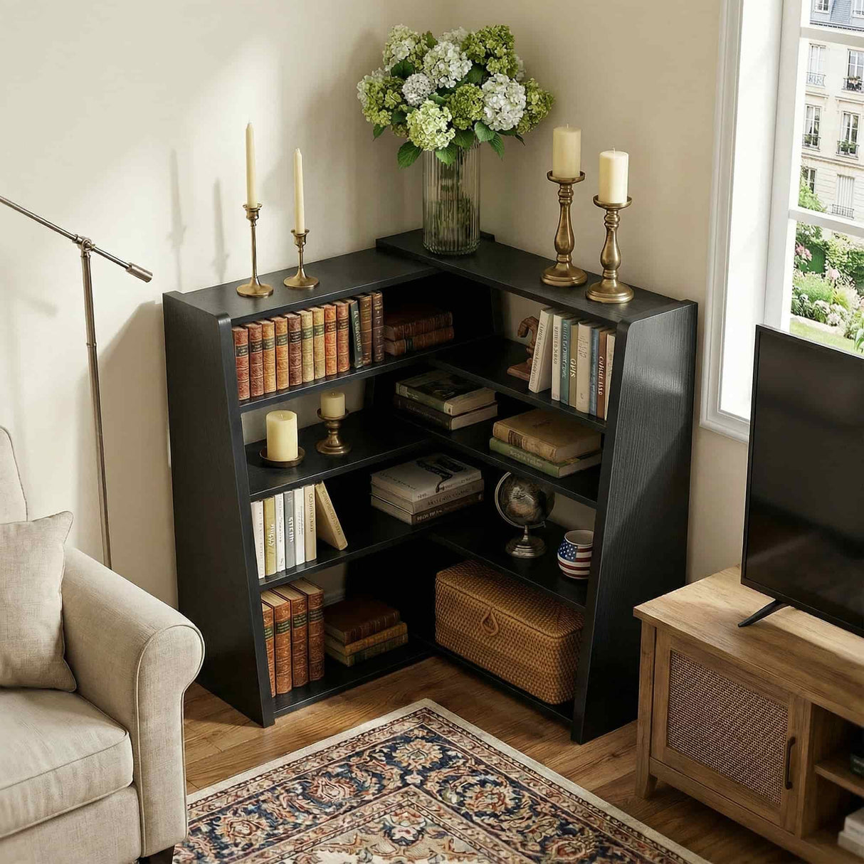 Extendable Ladder Bookshelf, Adjustable & L-Shaped Corner Bookcase, for Living Room, Bedroom & Office
