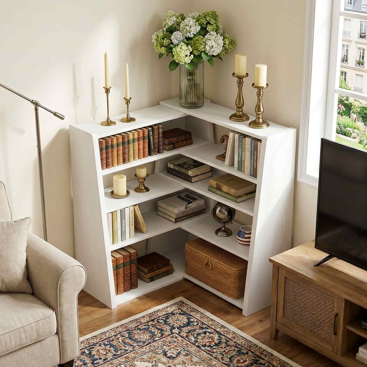 Extendable Ladder Bookshelf, Adjustable & L-Shaped Corner Bookcase, for Living Room, Bedroom & Office