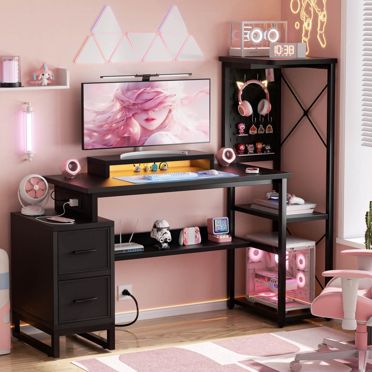 53 Inch Computer Desk with 2 Fabric Drawers, Reversible Home Office Desk with LED Lights, Power Outlets, Side Tall Shelf