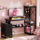 53 Inch Computer Desk with 2 Fabric Drawers, Reversible Home Office Desk with LED Lights, Power Outlets, Side Tall Shelf