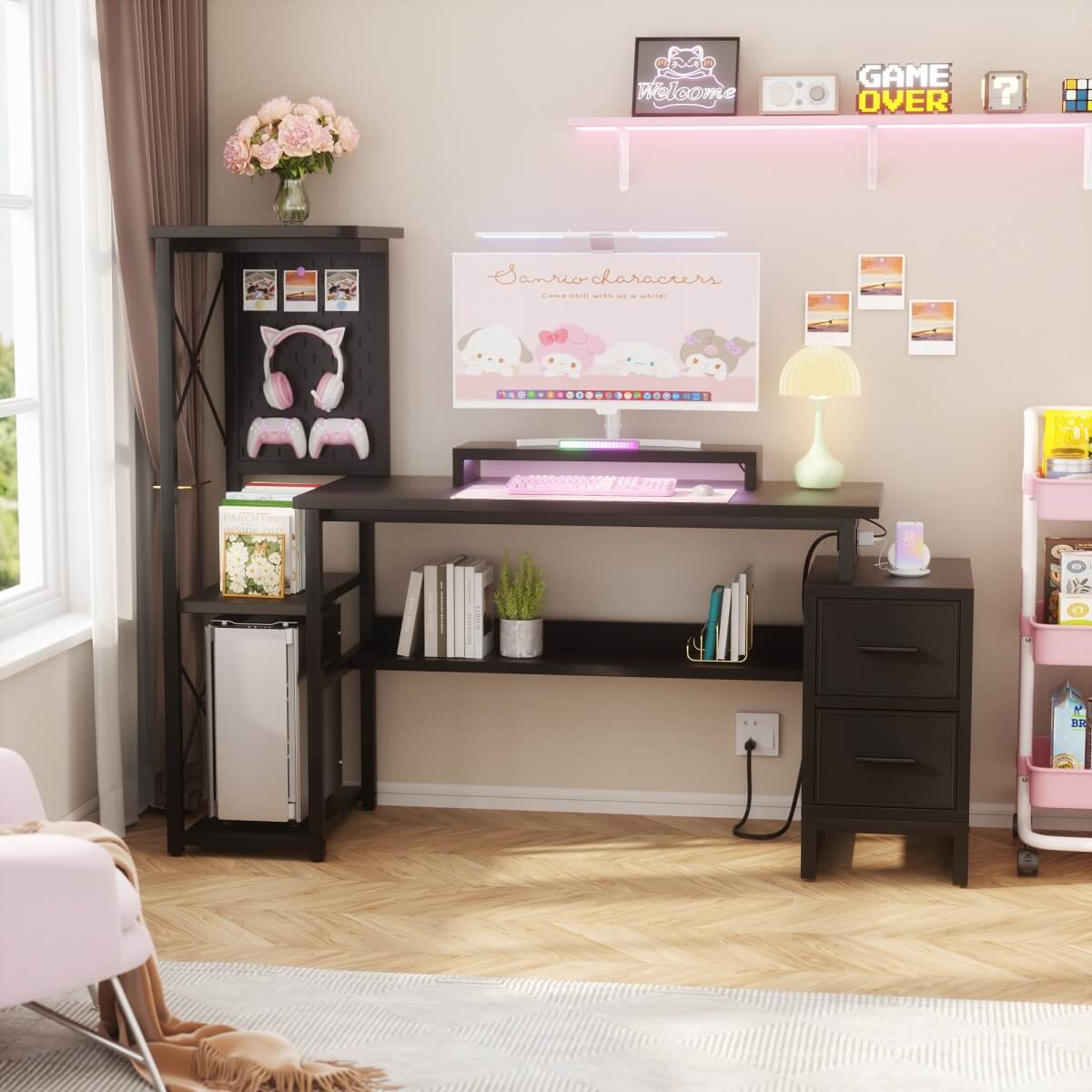 53 Inch Computer Desk with 2 Fabric Drawers, Reversible Home Office Desk with LED Lights, Power Outlets, Side Tall Shelf